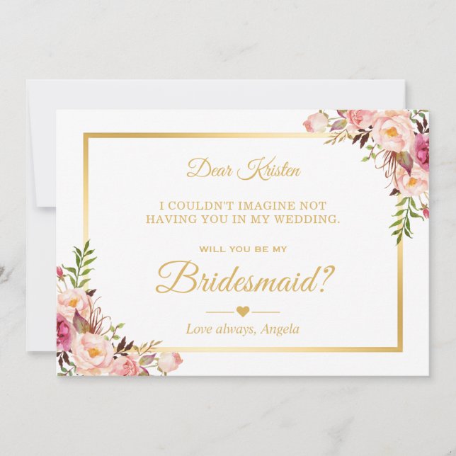 Chic Gold Pink Floral Will You Be My Bridesmaid Invitation (Front)