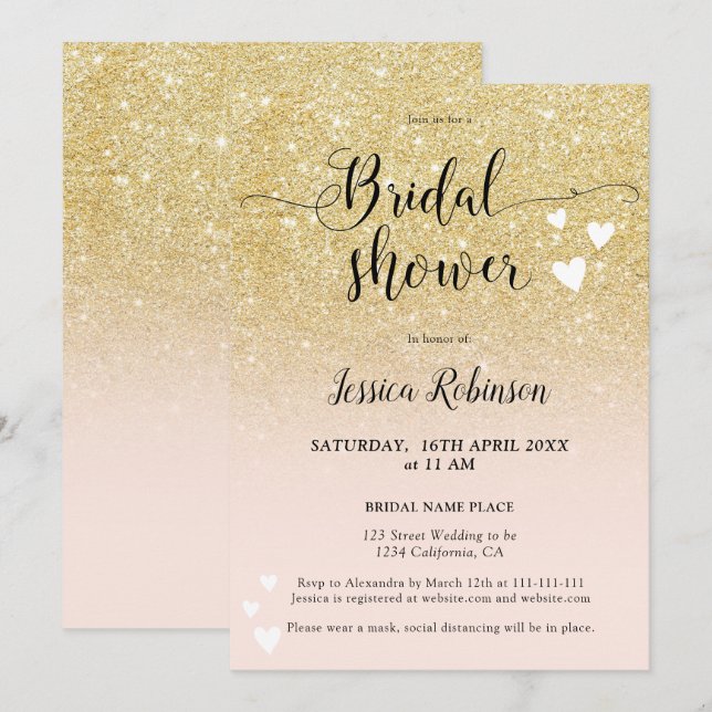 Chic gold pink hearts script chic bridal shower invitation (Front/Back)