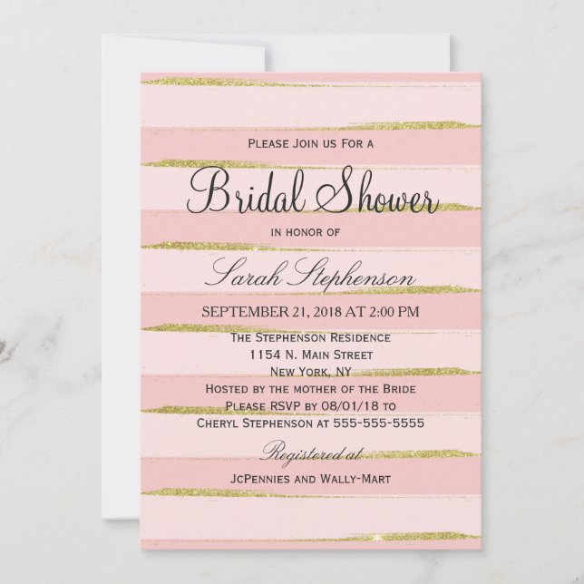 Chic Gold Pink Stripes Bridal Shower Invitations (Front)