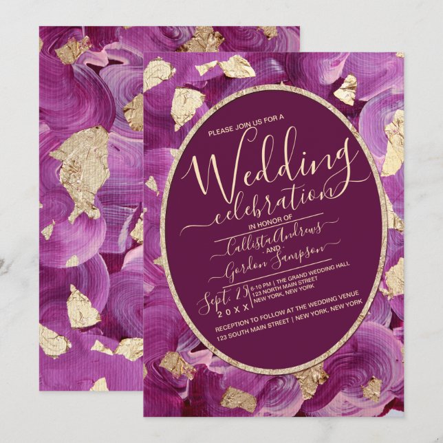 Chic Gold Plum Lilac Acrylic Brushstroke Wedding Invitation (Front/Back)