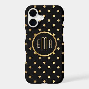 Chic Gold Polka Dots on Black with Monogram