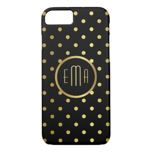 Chic Gold Polka Dots on Black with Monogram iPhone 8/7 Case