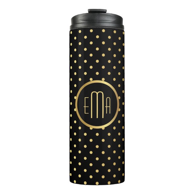 Chic Gold Polka Dots on Black with Your Monogram Thermal Tumbler (Front)