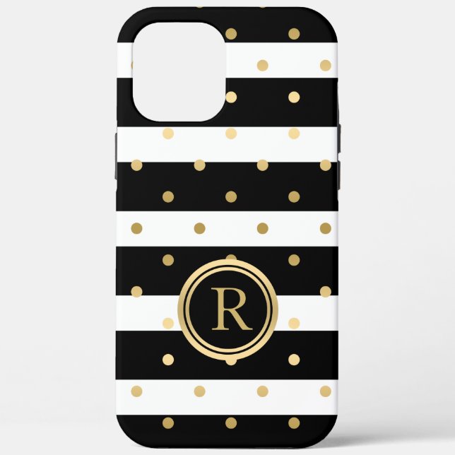 Chic Gold-Polka Dots With Black & White Stripes Case-Mate iPhone Case (Back)