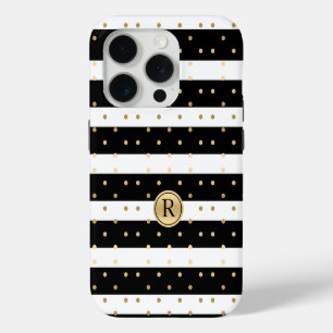 Chic Gold-Polka Dots With Black & White Stripes iPhone 15 Pro Case