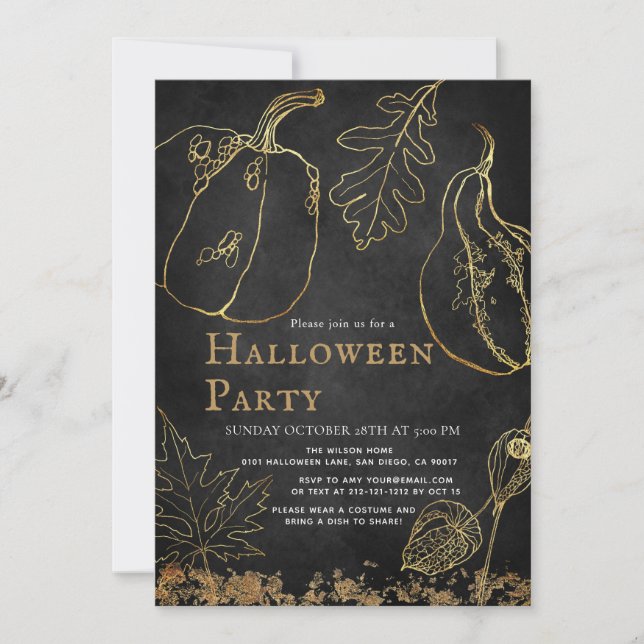 Chic Gold Pumpkin Black Halloween Party Invitation (Front)