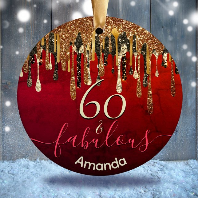 Chic gold red black glitter drips any age birthday ceramic ornament (Creator Uploaded)