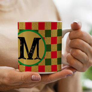 Chic Gold red & green Chequerboard Custom Monogram Coffee Mug