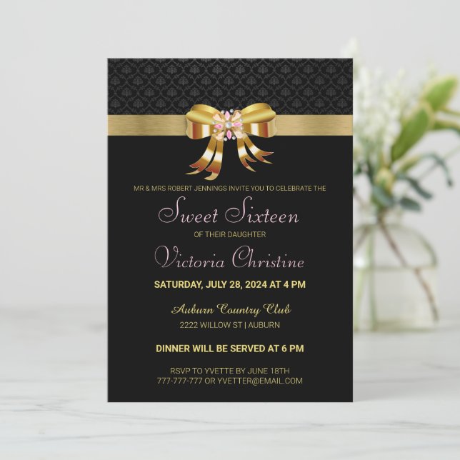 Chic Gold Ribbon Birthday Invitation (Standing Front)