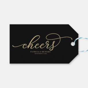 Chic Gold Script Cheers Black Wine Bottle Tags