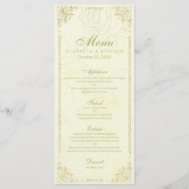 Chic Gold Script Elegant Floral Frame Mariage Menu (Devant)