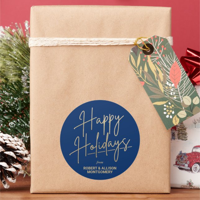 Chic Gold Script Happy Holidays Blue Classic Round Sticker (Holiday)