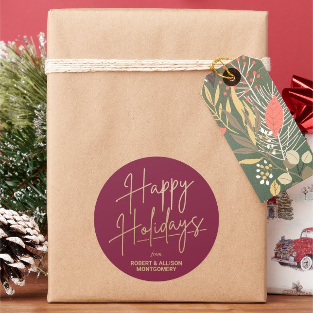 Chic Gold Script Happy Holidays Cranberry Classic Round Sticker (Holiday)