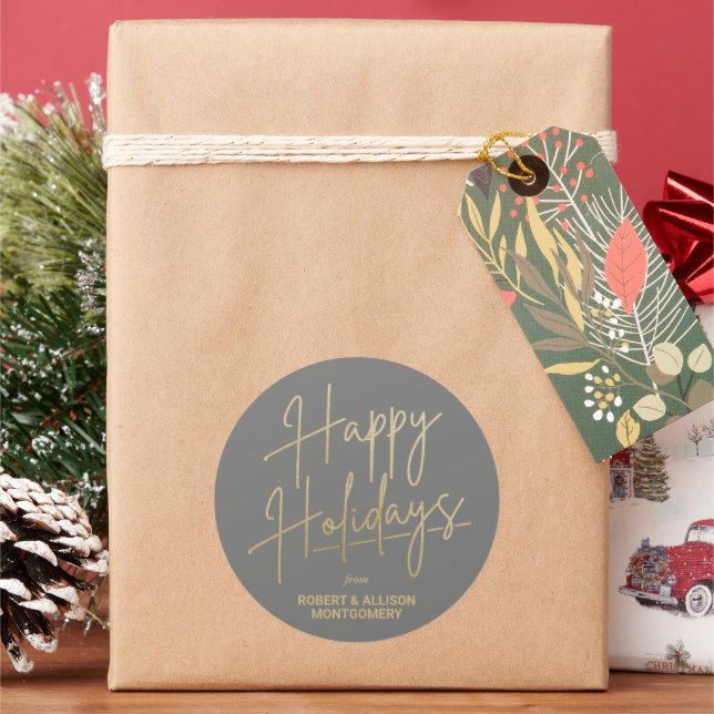 Chic Gold Script Happy Holidays Grey Classic Round Sticker (Holiday)