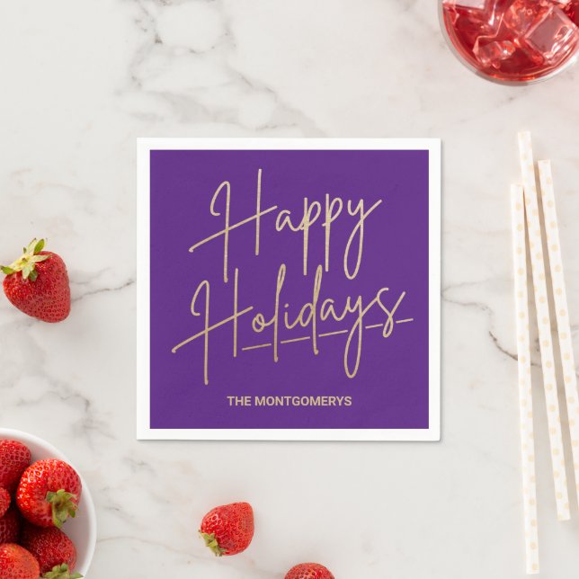 Chic Gold Script Happy Holidays Purple Napkin (Insitu)