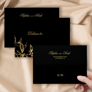 Chic gold script monogram floral black wedding envelope