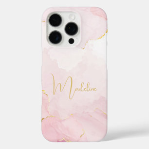 Chic Gold Script Monogram on Pink Marble iPhone 16 Pro Case