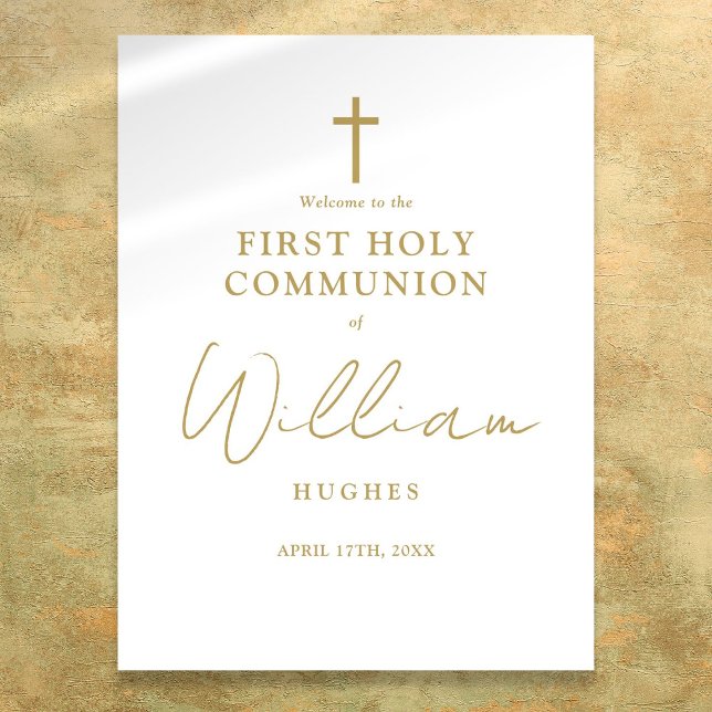 Chic Gold Script Première Sainte Affiche de bienve (Chic Gold Script First Holy Communion Welcome Sign)