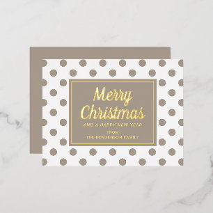 Chic Gold Script Taupe Polka Dots Merry Christmas Foil Holiday Postcard