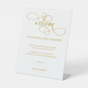 Chic Gold Script Unplugged Ceremony Pedestal Sign