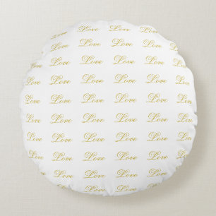 Chic Gold Script White Love Wedding Calligraphy Round Pillow