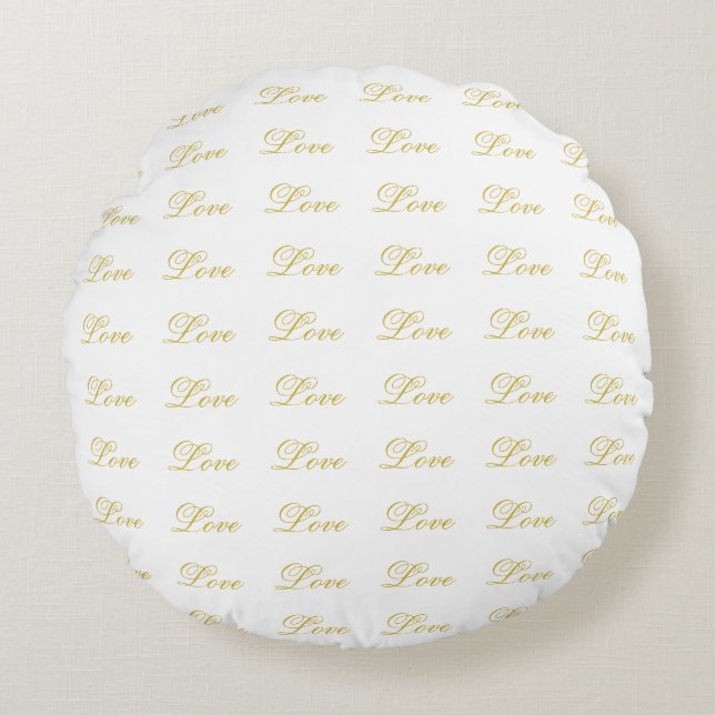 Chic Gold Script White Love Wedding Calligraphy Round Pillow (Front)