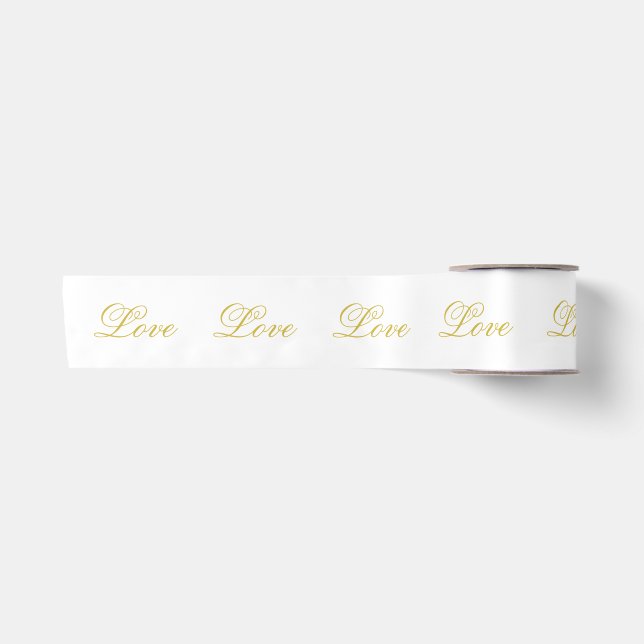 Chic Gold Script White Love Wedding Calligraphy Satin Ribbon (Front)