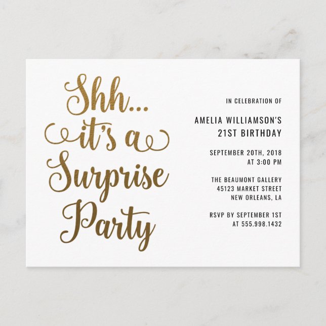 Chic Gold Shh... It's a Surprise Party Typography Invitation Postcard (Front)