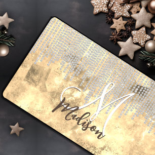 Chic gold silver rhinestone drips monogram desk mat