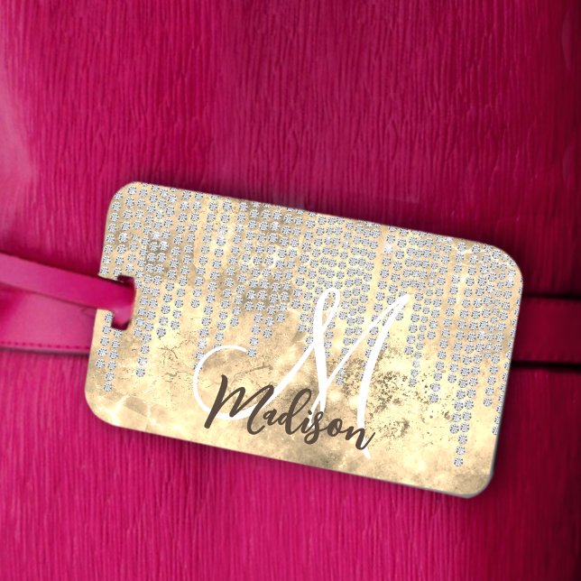 Chic gold silver rhinestone drips monogram luggage tag (Creator Uploaded)