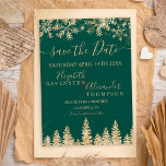 Chic gold snow pine green Christmas Save The Date<br><div class="desc">Time to celebrate your winter wonderland wedding theme with this luxury yellow gold glitter snowflakes sparkles and chic gold glitter pine tree forest on an elegant festive dark green background,  featuring a modern cool script font typography. A chic and elegant wedding save the date card.</div>