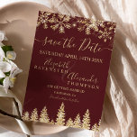 Chic gold snow pine red Christmas save the date<br><div class="desc">Time to celebrate your winter wonderland wedding theme with this luxury yellow gold glitter snowflakes sparkles and chic gold glitter pine tree forest on an elegant festive dark red burgundy background,  featuring a modern cool script font typography. A chic and elegant wedding save the date card.</div>