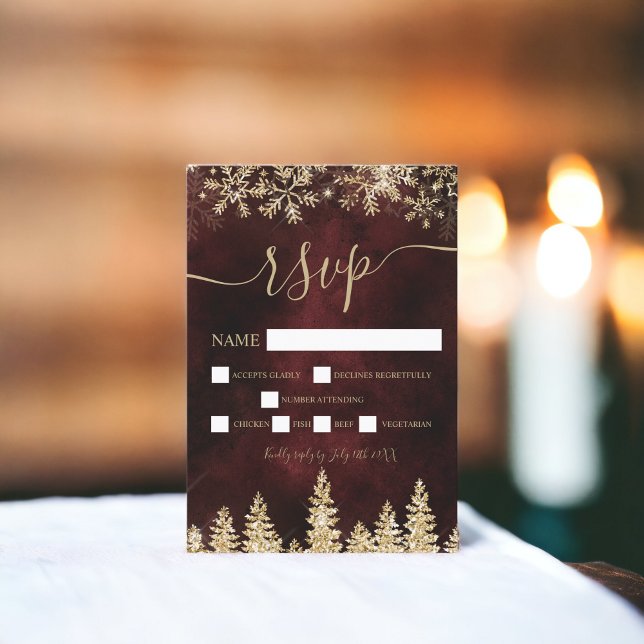 Chic gold snow pine red Christmas winter rsvp Card (Chic gold snow pine red Christmas winter rsvp)