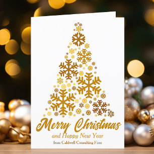 Chic Gold Snowflake Merry Christmas Tree Company Holiday Card