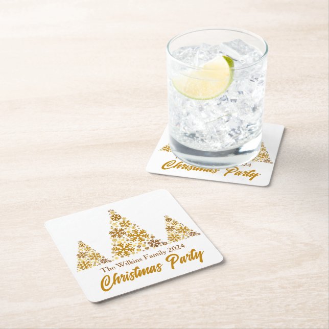 Chic Gold Snowflakes Christmas Party Personalized Square Paper Coaster (Insitu)