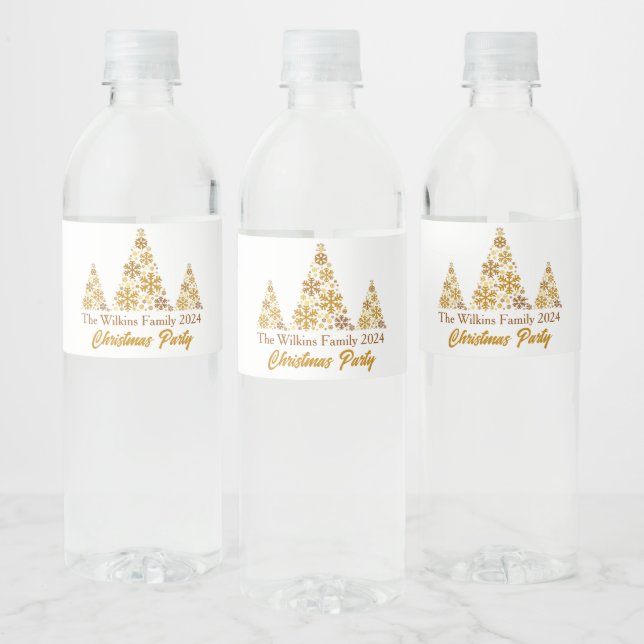 Chic Gold Snowflakes Christmas Party Personalized Water Bottle Label (Bottles)