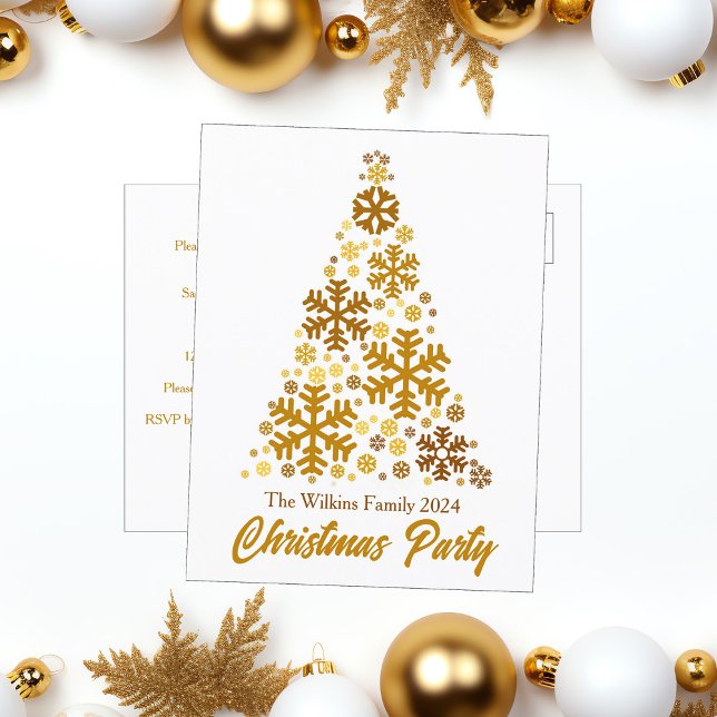 Chic Gold Snowflakes Christmas Tree Custom Party Invitation Postcard (Creator Uploaded)