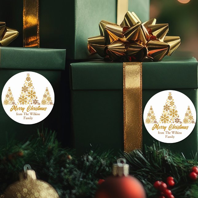 Chic Gold Snowflakes Christmas Tree Personalized Classic Round Sticker (Creator Uploaded)