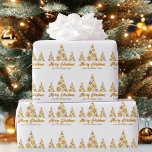 Chic Gold Snowflakes Merry Christmas Tree Custom Wrapping Paper<br><div class="desc">A chic gold script Merry Christmas gift wrap with your family name under beautiful trees made of golden snowflakes above Merry Christmas. Trendy holiday wrapping paper with an artistic pattern and personalized message.</div>