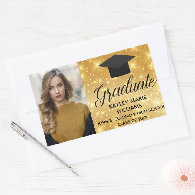 Chic Gold Sparkle Graduate Photo Custom Sticker (Envelope)
