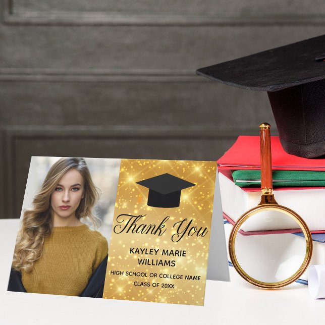 Chic Gold Sparkle Graduation Photo 2025 Graduate Thank You Card (Creator Uploaded)