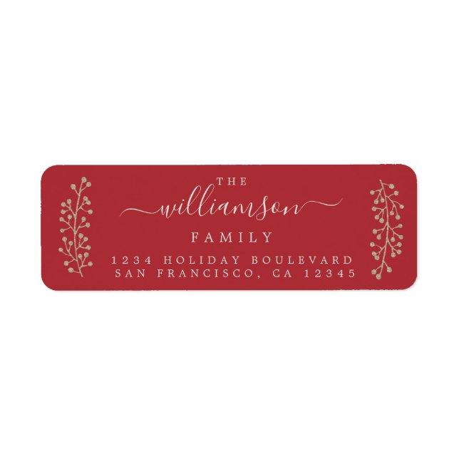 Chic Gold Sprig Red Christmas Adresse de retour (Devant)