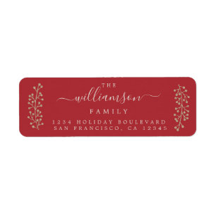 Chic Gold Sprig Red Christmas Return Address