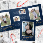 Chic Gold Stardust Tri-fold Navy Christmas Photo  Invitation<br><div class="desc">This unique tri-fold holiday design features a dark blue background with faux gold foil stars and typography. The front cover is simply a single vertical photo. As you open the card you see a single square photo with your main holiday text. As you fully open the card you see one...</div>