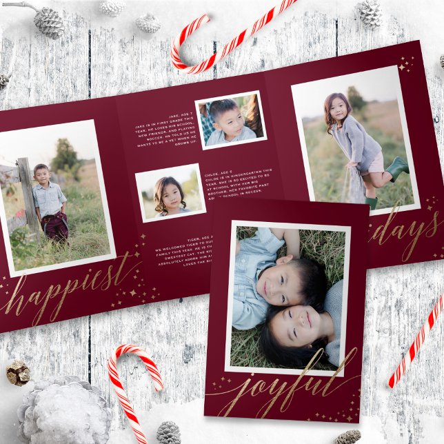 Chic Gold Stardust Trifold Maroon Christmas Photo  (Creator Uploaded)