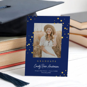 Chic Gold Stars Blue Photo Graduation Announcement