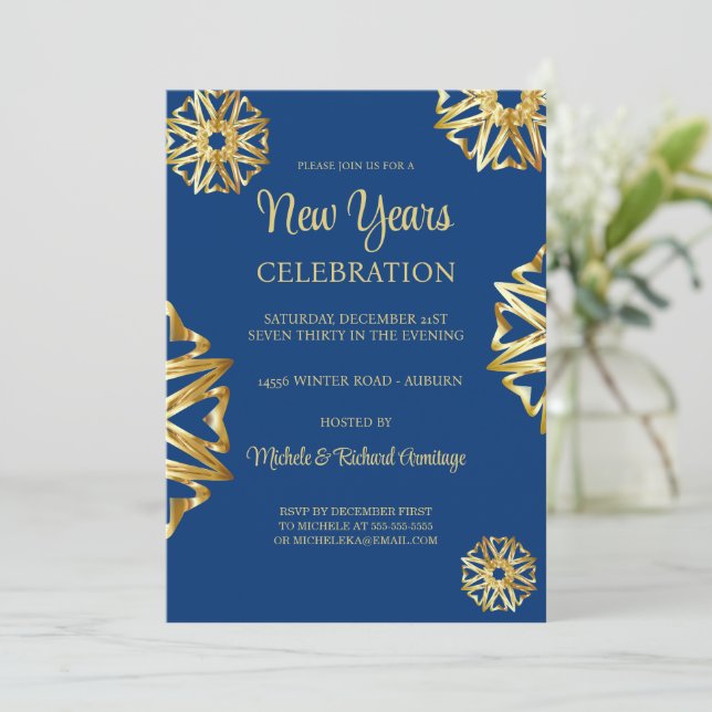 Chic Gold Stars New Years Invitation (Standing Front)
