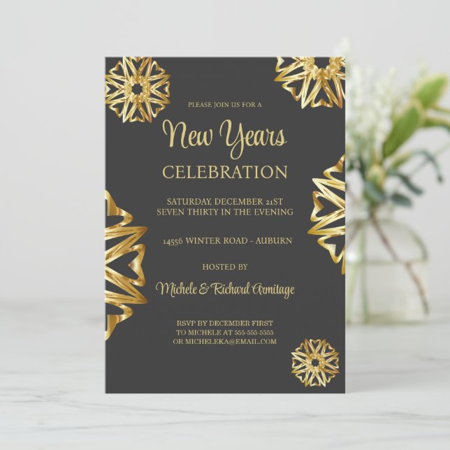 Chic Gold Stars New Years Invitation (Standing Front)