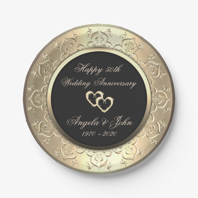 Chic Gold Swirls Hearts 50th Wedding Anniversar Paper Plate (Front)
