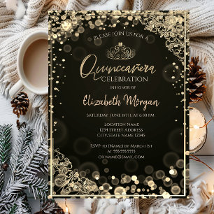 Chic Gold Tiara,Diamonds Dark Bokeh Quinceañera Invitation